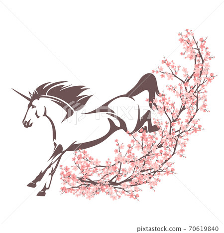 unicorn horse among blooming cherry tree branches vector outline 70619840