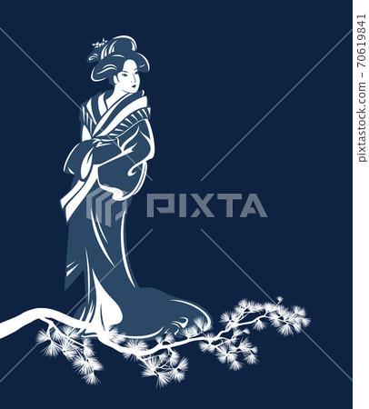 winter season vector scene with pine tree and japanese geisha woman winter season vector scene with pine tree and japanese geisha woman 70619841