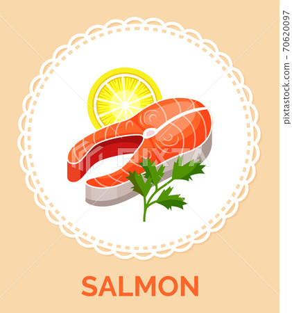 Isolated in circle with decorative elements around, fresh salmon with piece of lemon and parsley 70620097