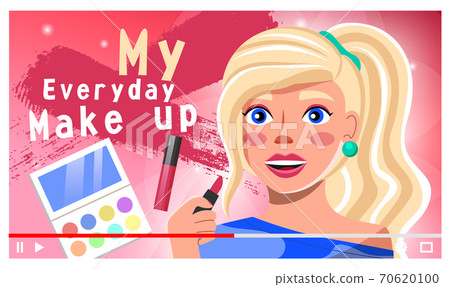 Video player interface, beautiful blonde woman holding lipstick telling about everyday make up Video player interface, beautiful blonde woman holding lipstick telling about everyday make up 70620100