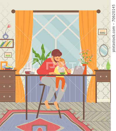 Father feeds baby in bib, sitting at table. Laptop on the table, time for lunch. Flat vector image 70620145