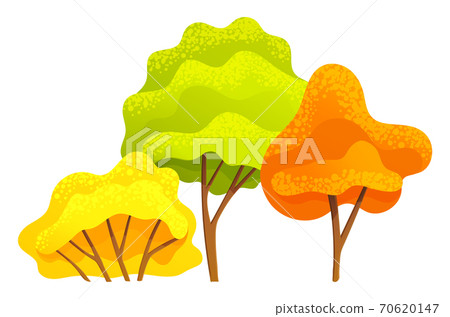 Autumn tree, different sizes and forms trees with green, orange, yellow leaves, autumn symbols 70620147