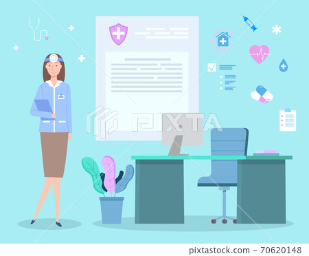 Otolaryngologist woman with reflector standing in her medical office, medical icons, flat style Otolaryngologist woman with reflector standing in her medical office, medical icons, flat style 70620148