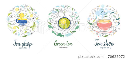 A cup of tea in the hand. Continuous line. Circular composition.Vector set. 70622072