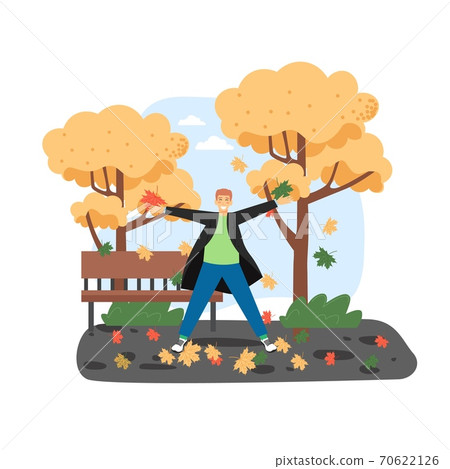 Happy man plays with autumn leaves. Fall season... - Stock Illustration ...