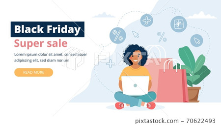 Black friday sale banner with woman character, online shopping concept. 70622493