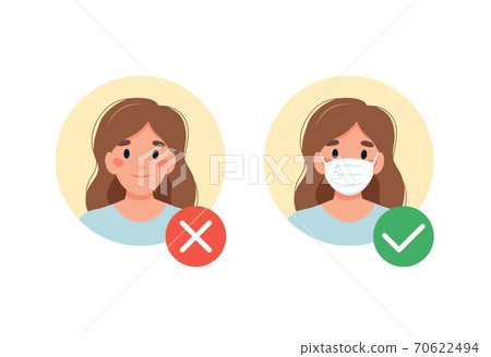 Mask required. No entry without wearing a mask. Woman with and without medical mask. Vector illustration in flat style Mask required. No entry without wearing a mask. Woman with and without medical mask. Vector illustration in flat style 70622494