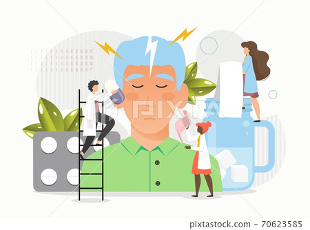 Doctors medical professionals treating patient headache, migraine, vector flat illustration Doctors medical professionals treating patient headache, migraine, vector flat illustration 70623585