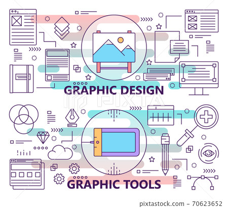 Vector set of banners with graphic design and graphic tools concept templates. Modern thin line flat design elements, symbols, icons for website menu 70623652