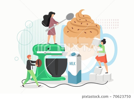 Tiny people making dalgona coffee drink, vector flat illustration 70623750