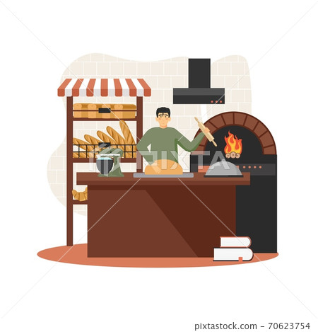Baker baking bread in bakery wood fired oven, vector flat illustration 70623754