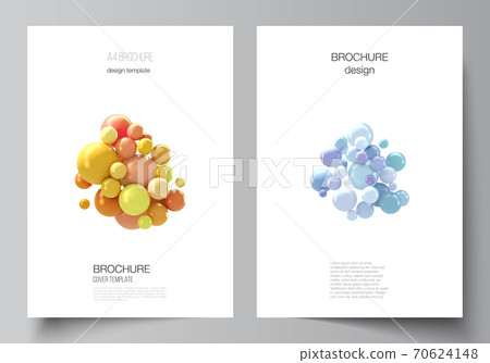 Vector layout of A4 cover mockups templates for brochure, flyer layout, booklet, cover design, book design, brochure cover. Realistic vector background with multicolored 3d spheres, bubbles, balls. Vector layout of A4 cover mockups templates for brochure, flyer layout, booklet, cover design, book design, brochure cover. Realistic vector background with multicolored 3d spheres, bubbles, balls. 70624148