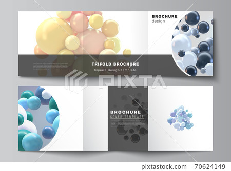 Vector layout of square format covers templates for trifold brochure, flyer, magazine, cover design, book design. Abstract realistic vector background with multicolored 3d spheres, bubbles, balls. Vector layout of square format covers templates for trifold brochure, flyer, magazine, cover design, book design. Abstract realistic vector background with multicolored 3d spheres, bubbles, balls. 70624149