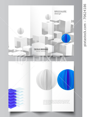 Vector layouts of covers design templates for trifold brochure, flyer layout, brochure cover, advertising. 3d render vector composition with dynamic realistic geometric blue shapes in motion. Vector layouts of covers design templates for trifold brochure, flyer layout, brochure cover, advertising. 3d render vector composition with dynamic realistic geometric blue shapes in motion. 70624186