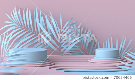 Abstract mock up podium with blue leaves and two cylinder stages 3D 70624466