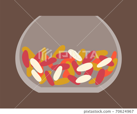 Candy in bowl, lollipops in deep transparent vase. Sweetmeats colorful pieces with filling 70624967