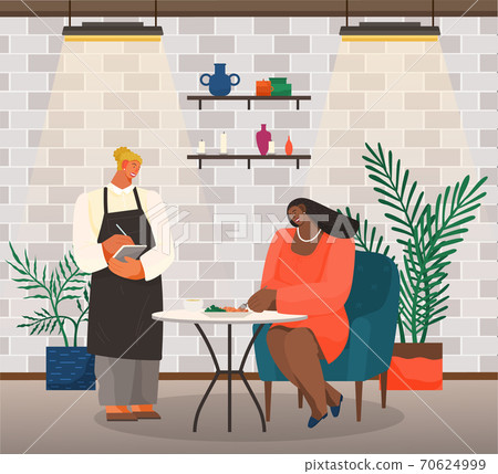 Woman sitting at a table eating salad, girl waitress standing with a sheet of paper writes order 70624999