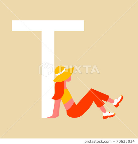 Girl in hat rests in the shade of a capital letter T. A flat cartoon character with an upper case letter. Vector illustration. Eps 10. 70625034