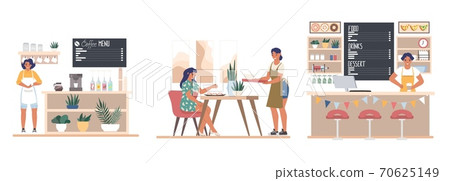 Cafe or bar scene set with staff and visitors, flat vector isolated illustration. Modern restaurant interior with people 70625149