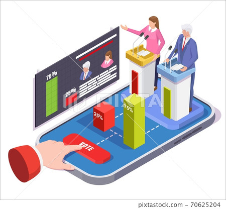 Presidential election online voting technology. Vote on mobile phone concept vector illustration in isometric style. Political debate and democracy Presidential election online voting technology. Vote on mobile phone concept vector illustration in isometric style. Political debate and democracy 70625204