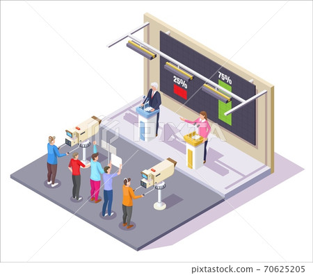 Presidential candidates debate in TV show studio. Political debate and democracy concept vector illustration in isometric style. Election poll results 70625205