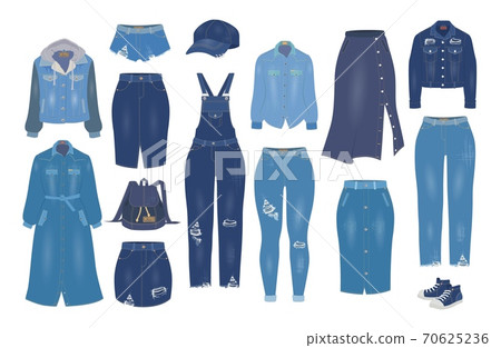 Women denim clothes set, flat vector isolated illustration. Blue jean outfit, casual clothing, ripped jeans models. 70625236