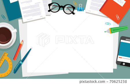 Top view of desktop background, phone, documents, coffee, folder, planner, glasses, paper, stationery. Workplace for business, study. Vector illustration. Top view of desktop background, phone, documents, coffee, folder, planner, glasses, paper, stationery. Workplace for business, study. Vector illustration. 70625238