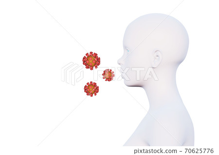 minimal female head and virus cells, cough, side view, spread virus infection concept, place for text, 3d render 70625776