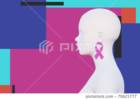 minimal female bald head isolated on white, pink ribbon earrings, side view, breast cancer awareness concept, place for text, 3d render 70625777