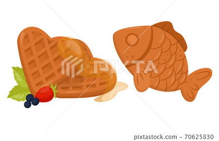 Heart Shaped Waffle with Textured Surface and Syrup Vector Set Heart Shaped Waffle with Textured Surface and Syrup Vector Set 70625830
