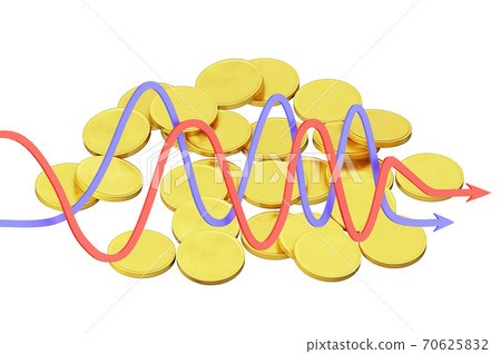 gold coins are scattered on a plane and statistical curved arrows, isolated on a white background, 3d render gold coins are scattered on a plane and statistical curved arrows, isolated on a white background, 3d render 70625832