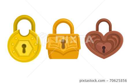 Golden and Copper Padlock with Keyhole as Security Mechanism Vector Set Golden and Copper Padlock with Keyhole as Security Mechanism Vector Set 70625856