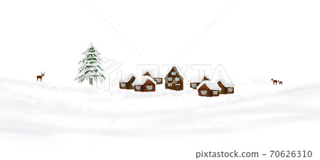 Winter village and deer on a white background 70626310