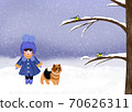 Winter Illustration a Little Girl with Dog and Birds 70626311