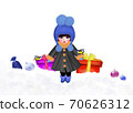 Little cute girl with titmouses and gifts 70626312