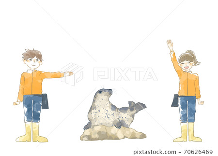 Illustration of aquarium keeper and seal with a gentle touch Illustration of aquarium keeper and seal with a gentle touch 70626469