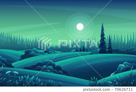 Night landscape with hills, dark forest, fir-trees, view at night scenery with clear sky, full moon 70626711
