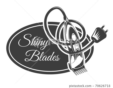 Shiny blades, barbershop concept, electric razor inside black oval, logo, sticker, template, poster Shiny blades, barbershop concept, electric razor inside black oval, logo, sticker, template, poster 70626718