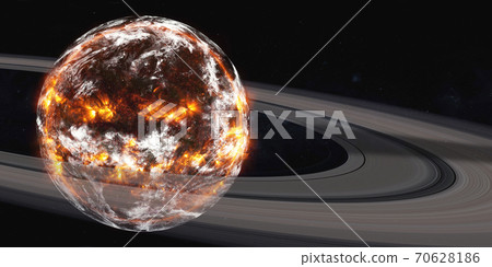 Fiction exploading exoplanet with ring in outer space 70628186