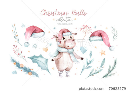 Watercolor cartoon illustration. Symbol of the year 2021. Funny and cute Bull. Christmas illustration. 70628279