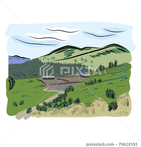 Hand drawn landscape with road to house and pine forest. Sketch line 70628593