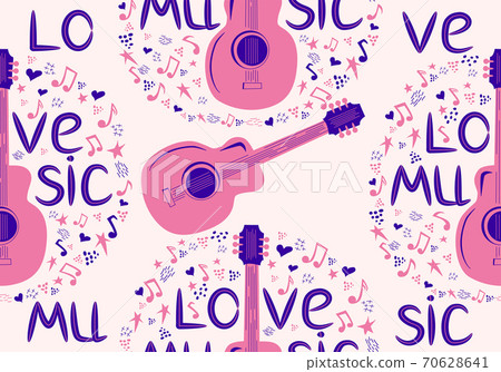 hand-drawn musical seamless pattern with the inscription Love music and country guitar, stars, notes, symbols, objects and elements. 70628641