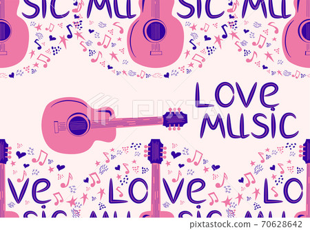 Colourful sketch drawing doodle seamless pattern of music culture with country guitar and text phrase Love Music Colourful sketch drawing doodle seamless pattern of music culture with country guitar and text phrase Love Music 70628642