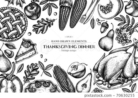 Design with black and white pumpkin, fork, knife, pears, turkey, pumpkin pie, apple pie, corn 70630255