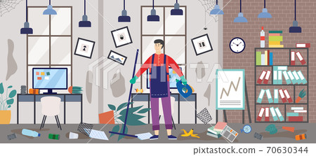 Janitor or janitor man on dirty office background, flat vector illustration. 70630344