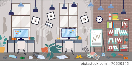 Dirty office with scattered things in disorder, flat vector illustration. Dirty office with scattered things in disorder, flat vector illustration. 70630345