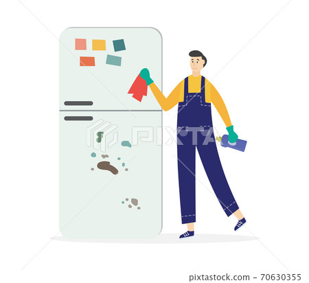 Cleaning service worker washing dirty fridge flat vector illustration isolated. 70630355