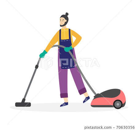 Cleaning service worker using vacuum cleaner flat vector illustration isolated. 70630356