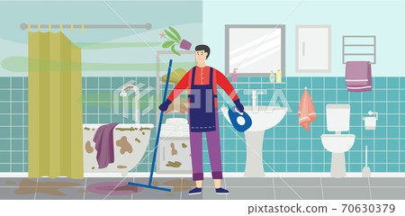 Cleaning service worker in dirty messy bathroom flat vector illustration. Cleaning service worker in dirty messy bathroom flat vector illustration. 70630379
