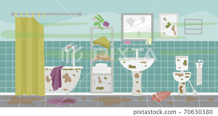 Dirty and messy bathroom interior with mud stains flat vector illustration. Dirty and messy bathroom interior with mud stains flat vector illustration. 70630380